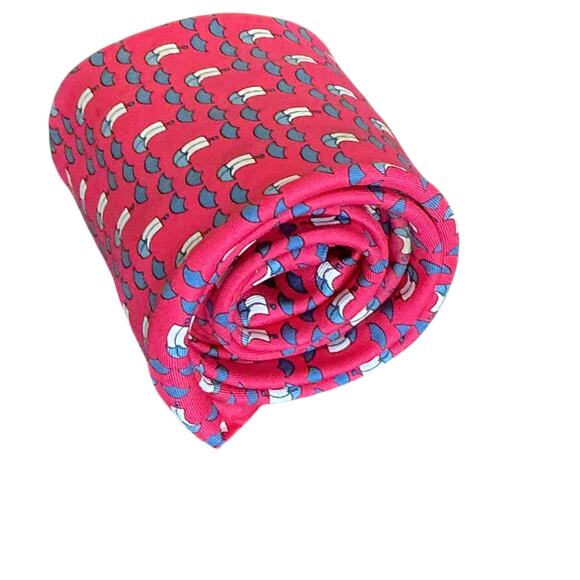 Hermes Men's Classic Tie Nautical Sailboats Red Satin 100% Silk 7130 FA Red Blue - Picture 7 of 8